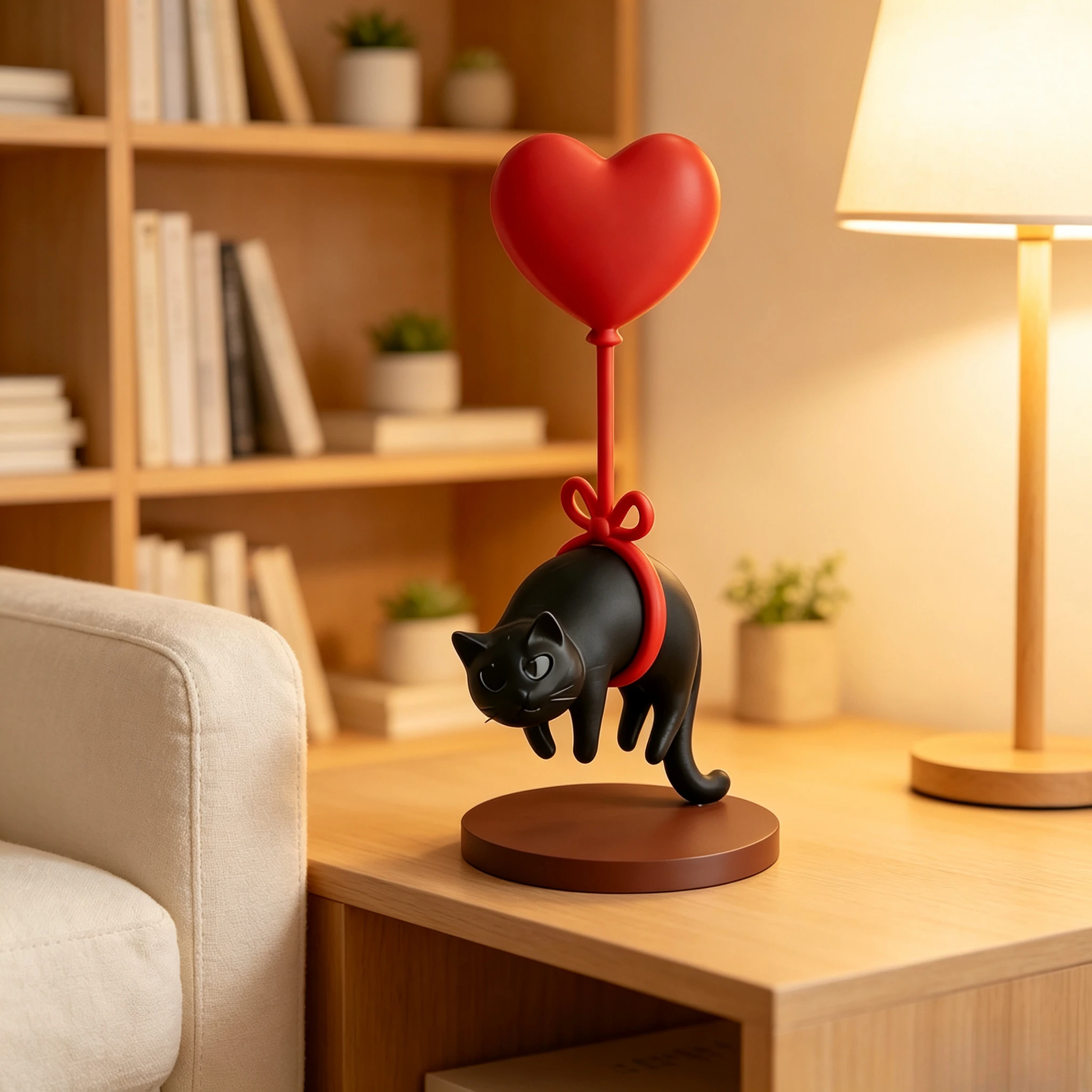 New Arrival 3D Printed Floating Black Cat with Heart Balloon Ornament Creative Decorative Craft for Bedroom Bedside Desktop