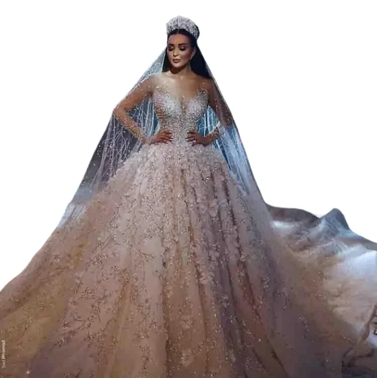 

Customize Luxury Long Sleeves Ball Gown Wedding Dresses Beaded 3D Floral Appliqued Saudi Arabia Lace Bridal Gowns Plus Size Wedd
