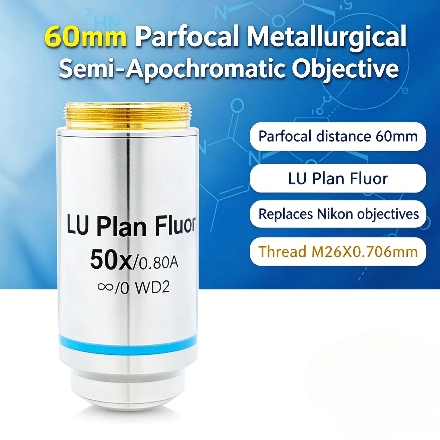 M26 Metallographic Flat Field Semi-apochromatic 50X Objective LU Plan Fluo Replacement Nikon LU Plan Fluor 50X Objective Lens