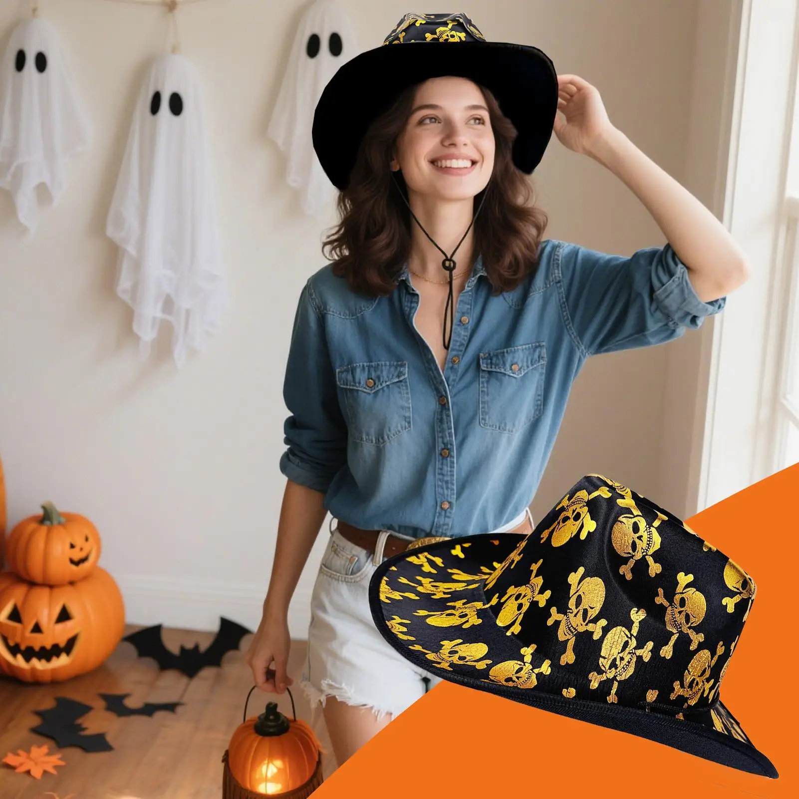 

Ковбойская шляпа в стиле вестерн с рисунком черепа, шляпа с широкими полями и ремешком, костюмный реквизит для сценического шоу, вечеринки, маскарада, театрального выступления