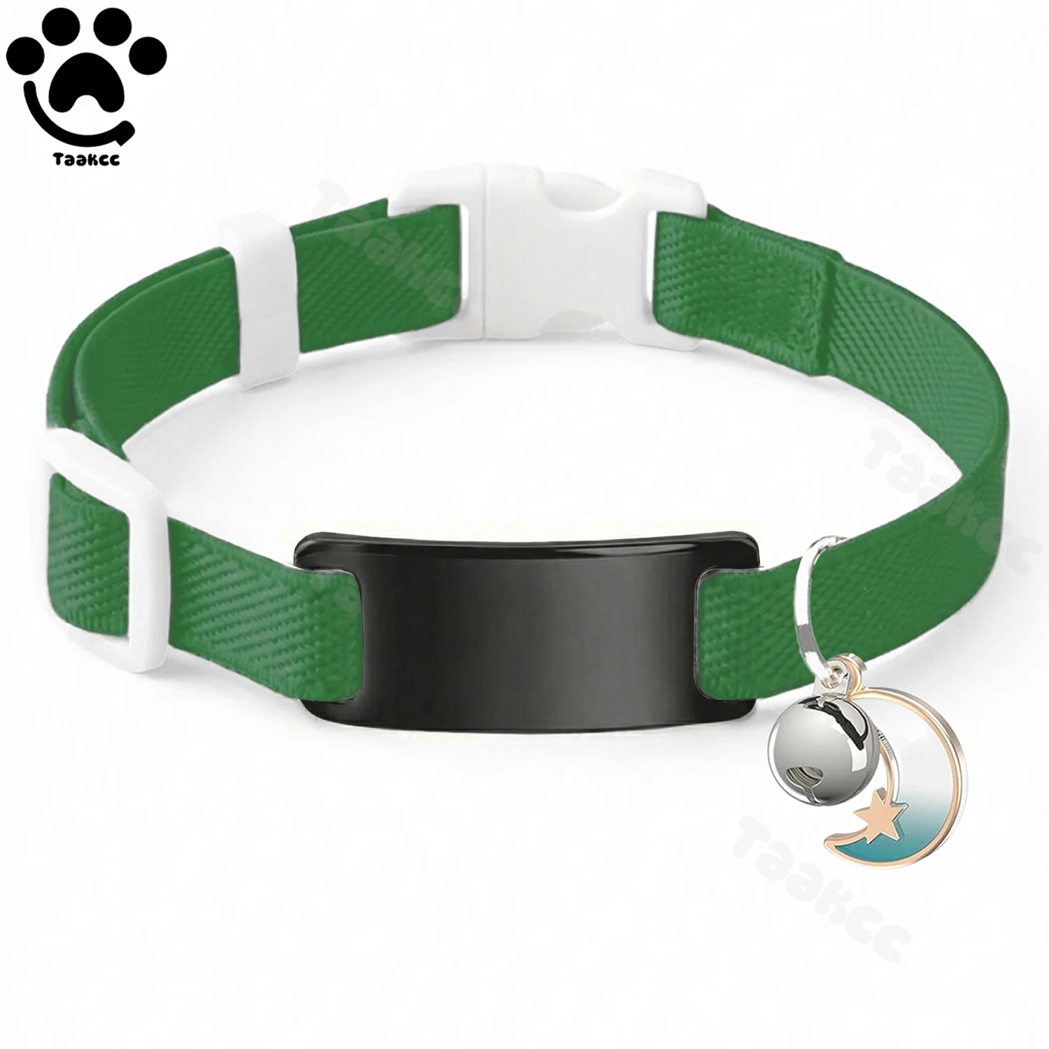 Op maat gemaakte elastische kattenhalsband met gratis gegraveerde puppy/kitten anti-verloren ID-naamplaatje, belletje & maan ornament