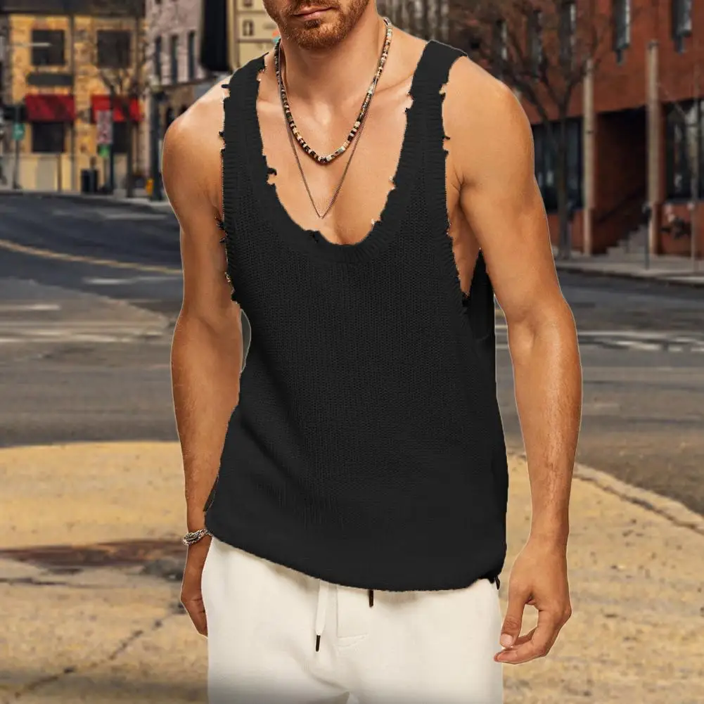 Vintage Ripped Distressed Solid Knitted Tank Tops Men Summer O-Neck Sleeveless Loose Pullover Vest Top