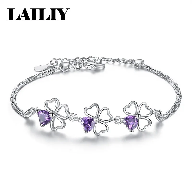 LAILIY 925 Sterling Silver Purple Heart Flower Box Chain Bracelet For Women Girls Fashion Jewelry Engagement Party Birthday Gift