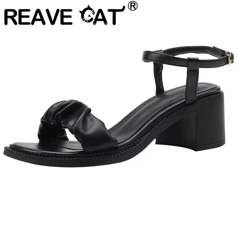 REAVE CAT Women's Shoes Sandals Open Toe Block Heels Buckle Strap Pleated Size 33-43 Black Beige Concise S3922