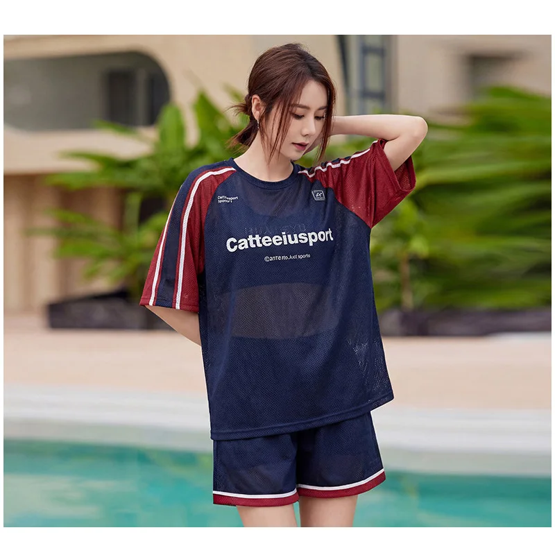 

Женская пляжная рубашка свободного кроя с защитой от УФ-излучения и коротким рукавом, с интегрированным бюстгальтером и плавками-шортами