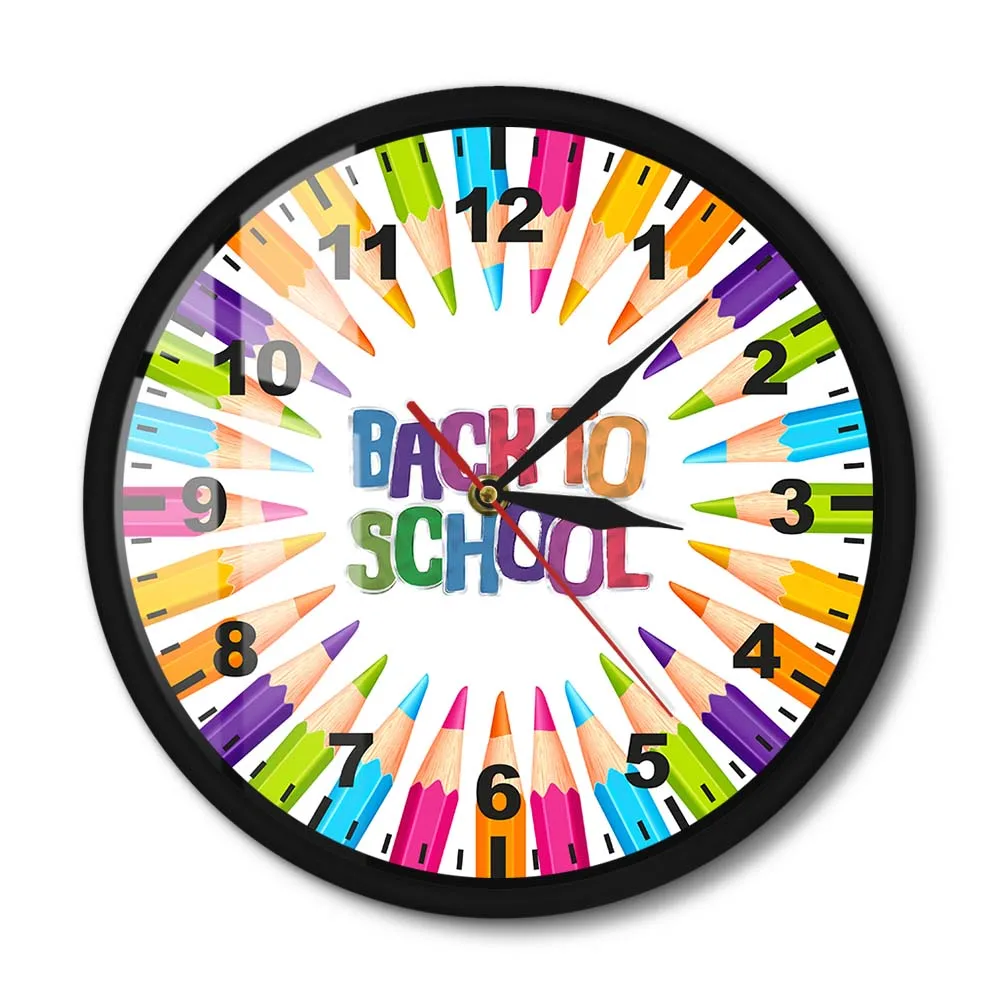 Back To School Colored Pencils Metal Frame Wall Clock Colorful Pencils Silent Non-ticking Wall Watch For Teachers School Nursery