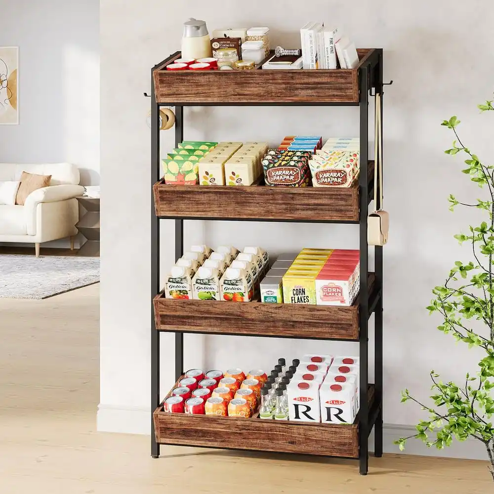 بني 29.13 بوصة. سلة خزانة عرض مكونة من 4 طبقات، وحامل رف البيع بالتجزئة، ومنظم رف حلوى الوجبات الخفيفة بإطار معدني #4