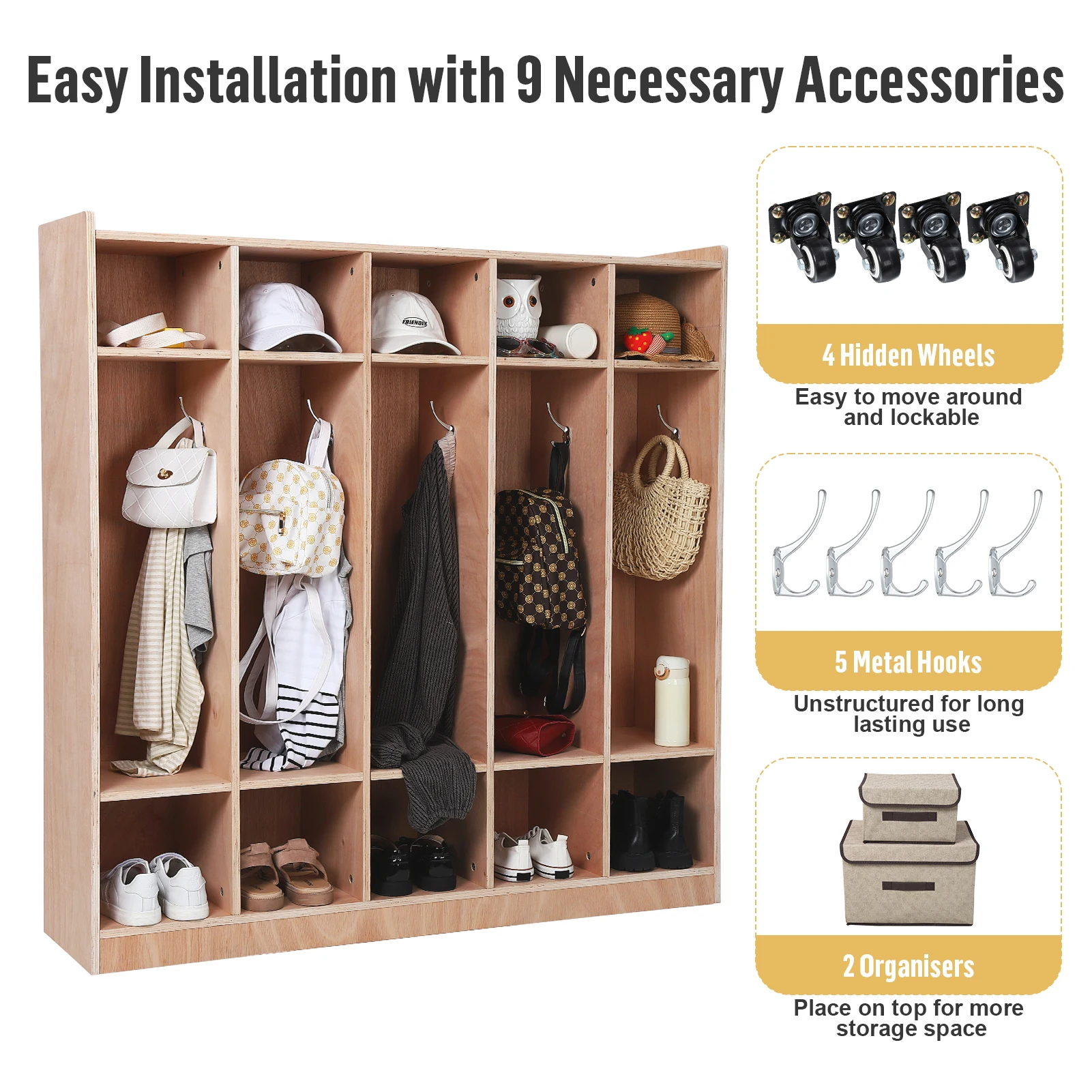 

5-Section Wooden Kids Storage Locker Anti-Tip Child Organizer Cabinet wHooks/Storage Bins/Casters for Home Daycare Study Area