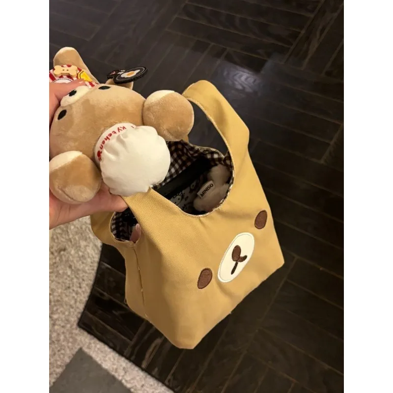 .Cute Rilakkuma embroidery design shoulder bag mesh lining portable casual all-match handbag
