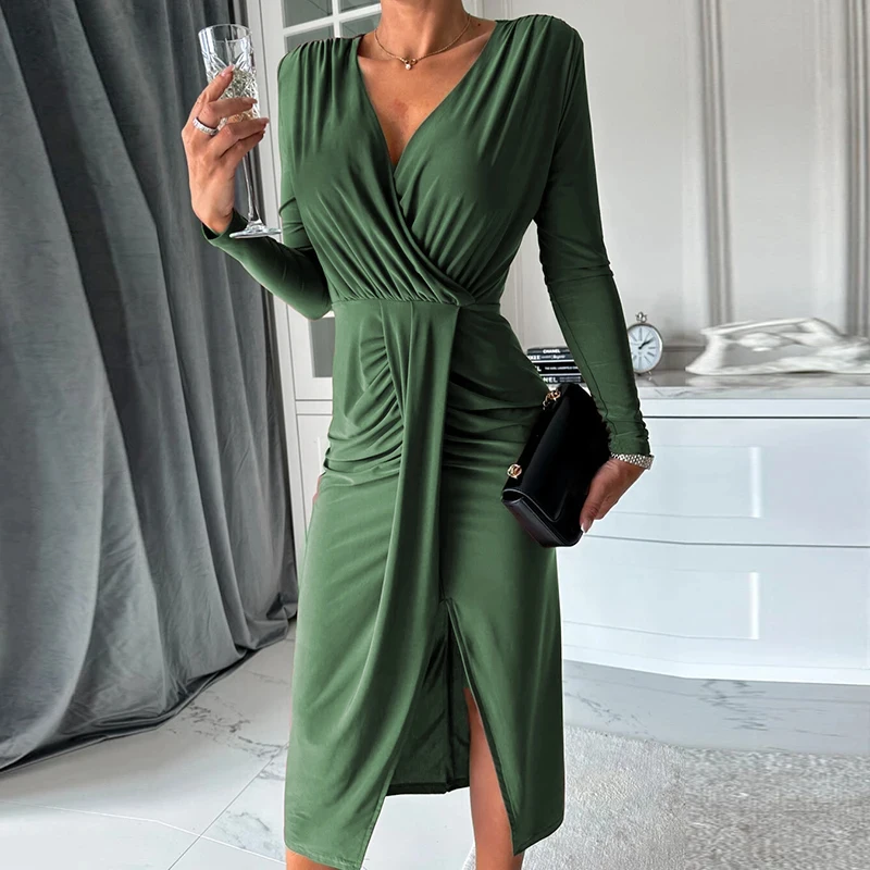 Elegant Pary Dress Women V Neck Long Sleeve Bodycon Dresses For Women Sexy Midi Dress Solid Color Split Up Office Dress