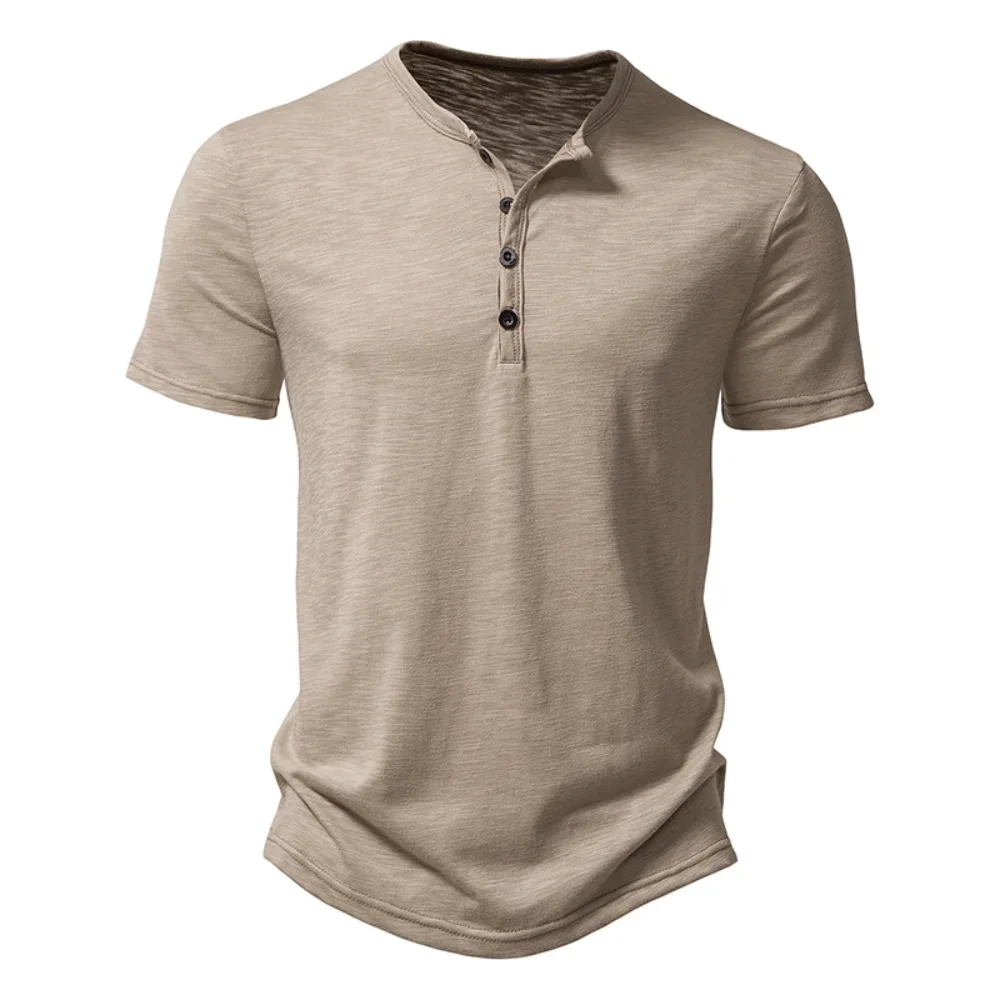 

Henley Collar Summer Men Casual Solid Color Short Sleeve T Shirt for Men Polo men High QualityMens T Shirts