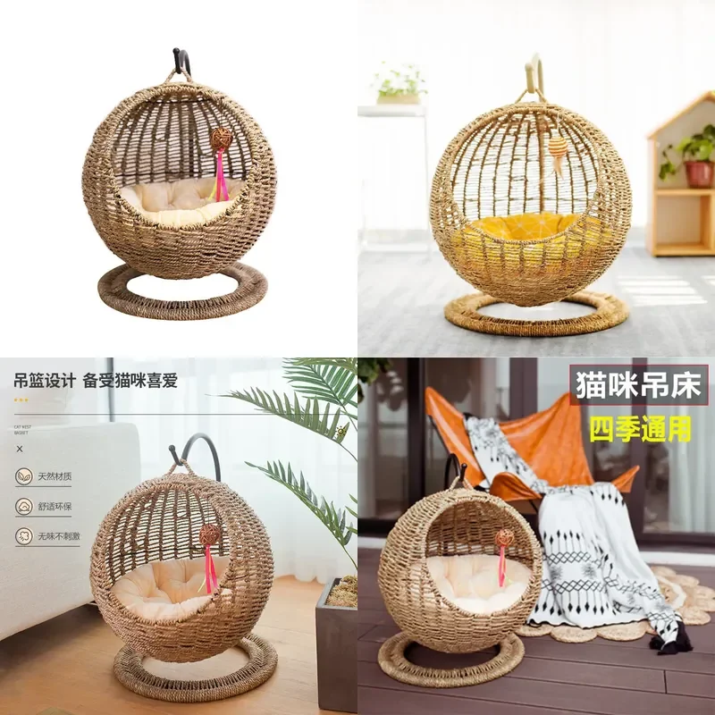 Natural Rattan Hanging Cat Bed Semi-Enclosed Nest Washable Removable Pet House Villa for All Seasons
