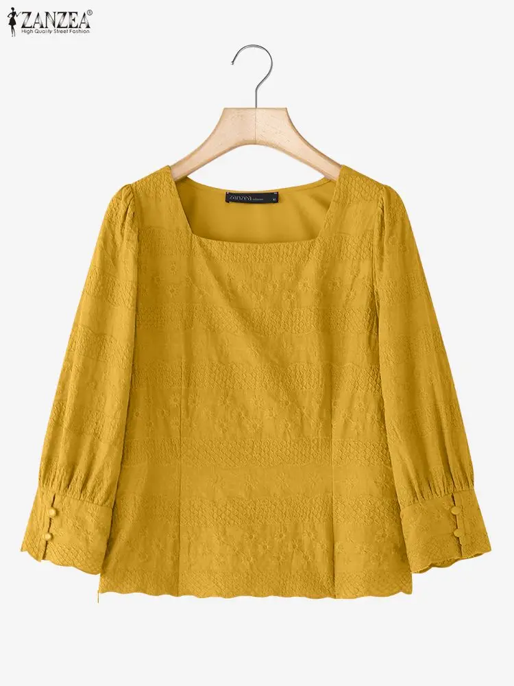 2025 mulheres elegante blusa bordada zanzea outono rendas retalhos camisa pescoço quadrado manga longa blusas de trabalho casual femme
