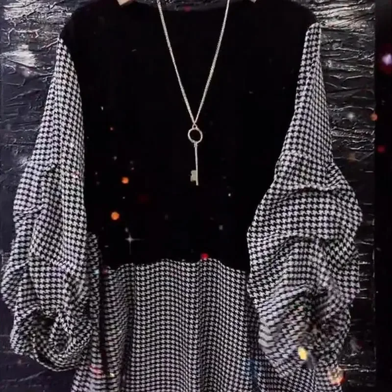 

Spring Autumn O-Neck Patchwork Casual Fake Two Pieces Folds Shirt Women's Clothing Korean Houndstooth Blouse Stylish Drawstring