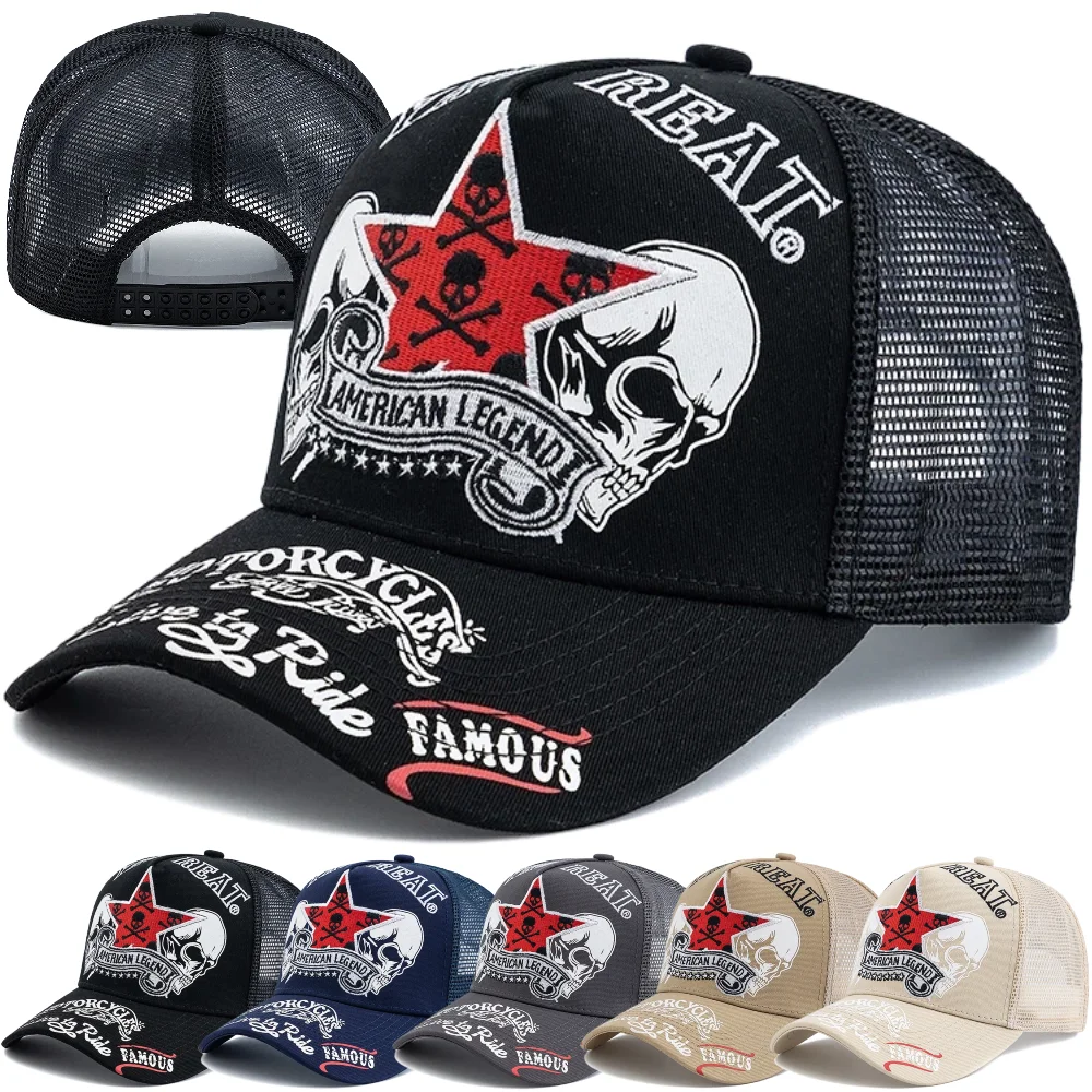 New Unisex Punk Style Cap Red Star Skull Crossbones Embroidery Trucker Hat Breathable Mesh Hat Streetwear Baseball Cap