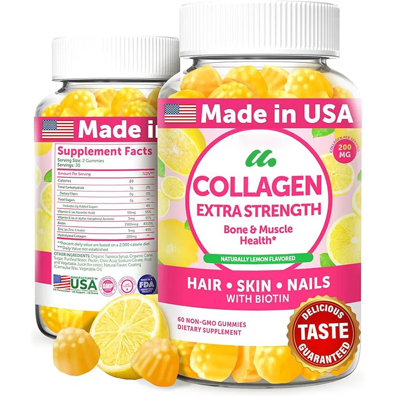 Delicious collagen gummies - containing biotin, zinc, vitamins C and E, suitable for glowing hair, skin, and nails, 60 capsules