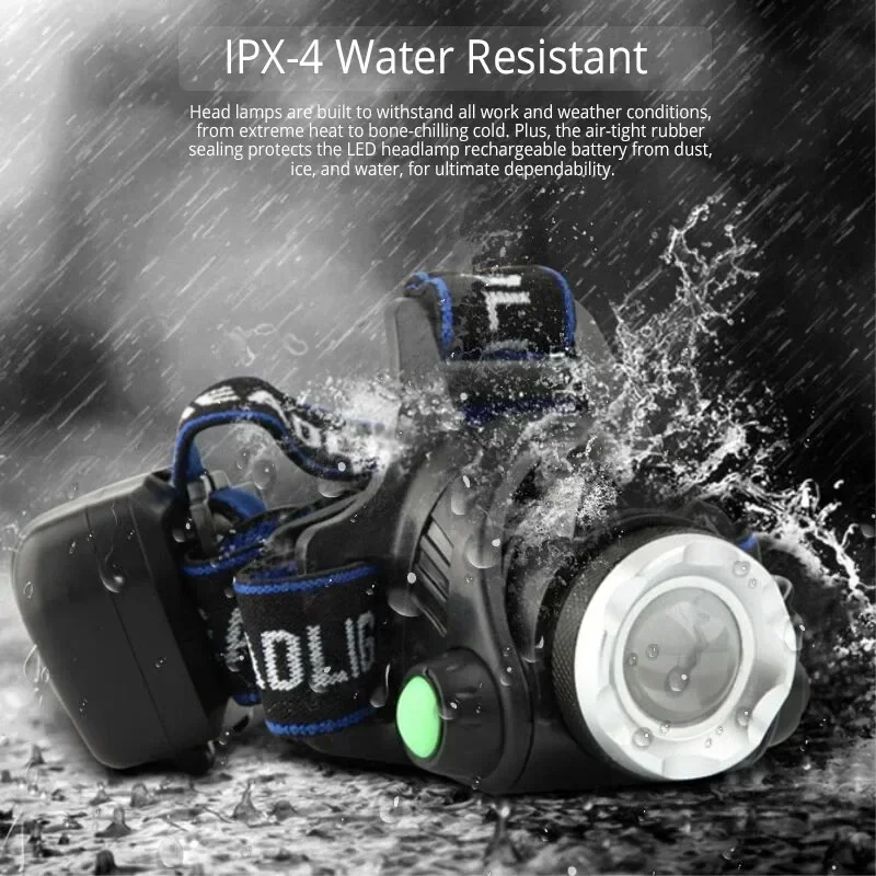 LED Rechargeable Strong Light T6 Headlight 3 Lighting Modes and 90 ° Lamp Head Adjustment Outdoor Night Fishing Flashlight