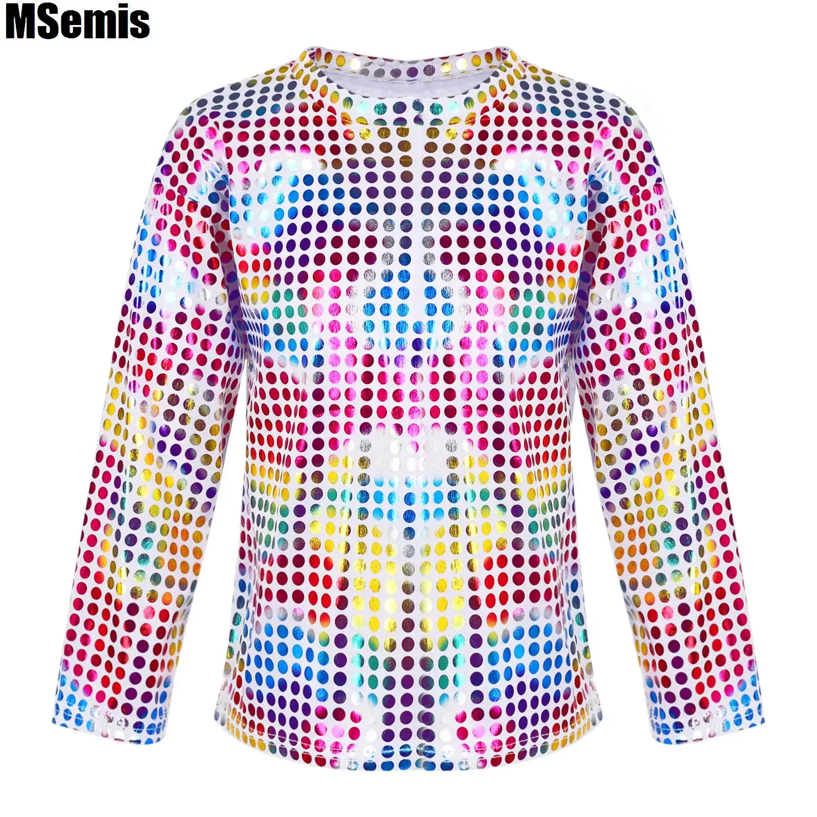 

Kids Boys Girls Shiny Sequins Dance Tops Long Sleeve Round Neckline Solid Color Top for Stage Performance