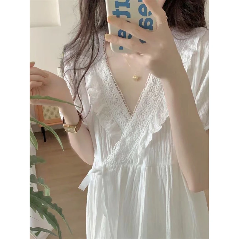 Lace Women Nightgown V-neck Sleepwear Summer Night Dress Short Sleeve One Piece Pajamas Korean Solid Tie Home Wear Robe 2024 New