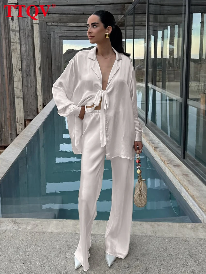 

TTQV Fashion Loose Wine Red Satin 2 Piece Set Women Elegant Long Sleeve Blouse With High Waist Wide Pants Set Female Clothing