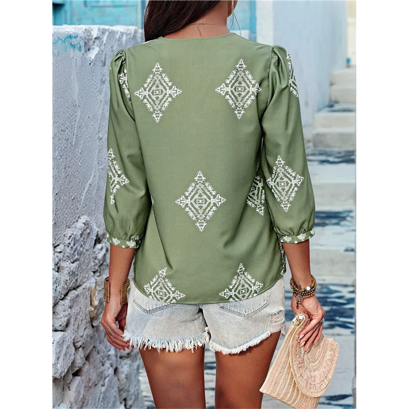 

Women's Casual V Neck Floral Print Chiffon Blouses 3/4 Sleeve Boho Summer Tops Shirts-A55G