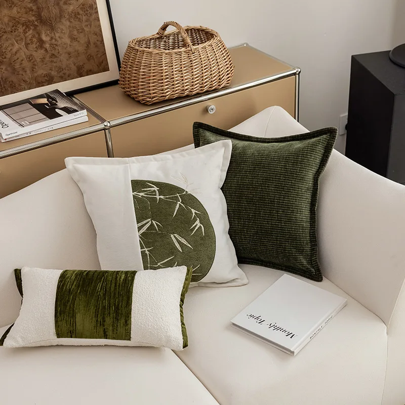 

Luxury Vintage Chinese Bamboo Embroidery Cushion Cover High-end Green Patchwork Pillow Case for Sofa Chinese Design Home Decor