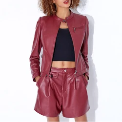 Chic Wine Red Women 100% Real Leather Jackets 2024 New Zipper Full Sleeve Female Imported Lambskin Slim-fit Short Casual Jackets