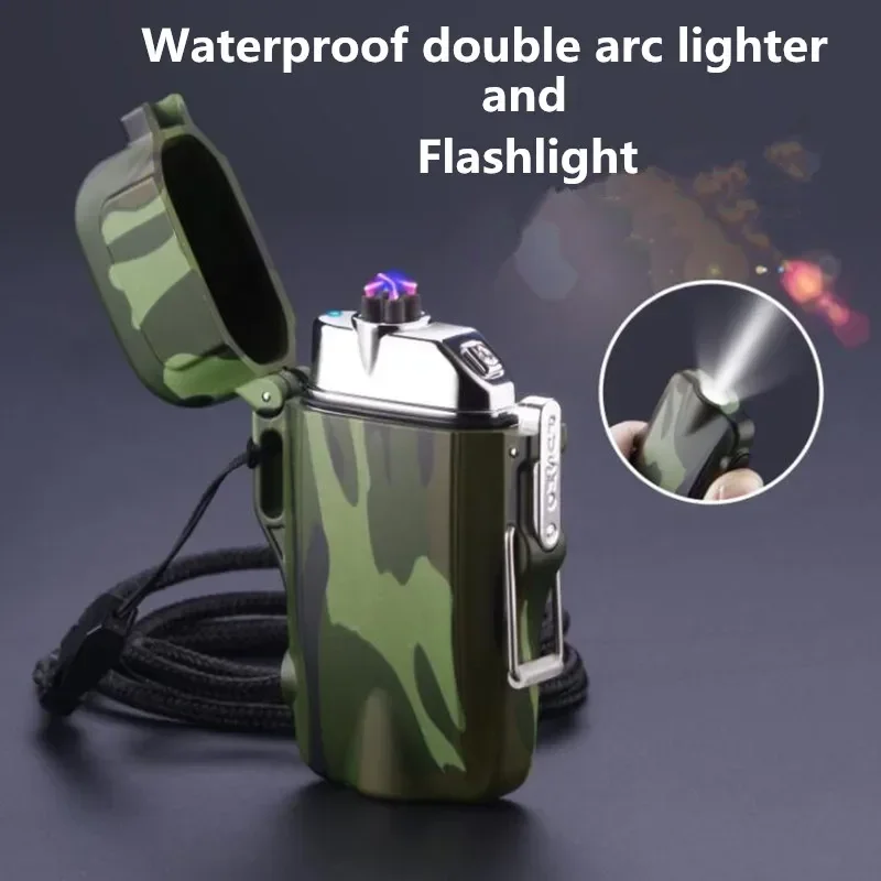 Multifunctional Rechargeable Dual Arc Cigarette Lighter Mini Flashlight Windproof and Waterproof Plasma Outdoor Lighter