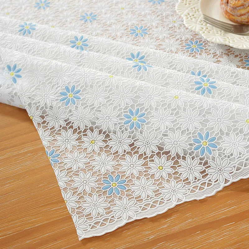 PVC Lace Tablecloth Waterproof Washable and Erasable Table Linen Tea Table Cloth Rectangular Table Cover White Skyblue