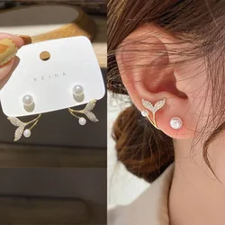 Korean Fish Tail Imitation Pearl Crystal Stud Earrings for Women Exquisite Elegant Personality Earrings Wedding Party Jewelry