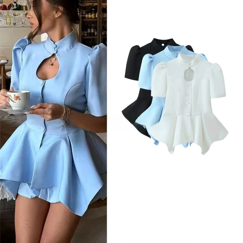 

Summer New Women's Commute Style Stand Collar Bubble Sleeve Short Sleeve Single Button Hollow out Asymmetric Hem Top