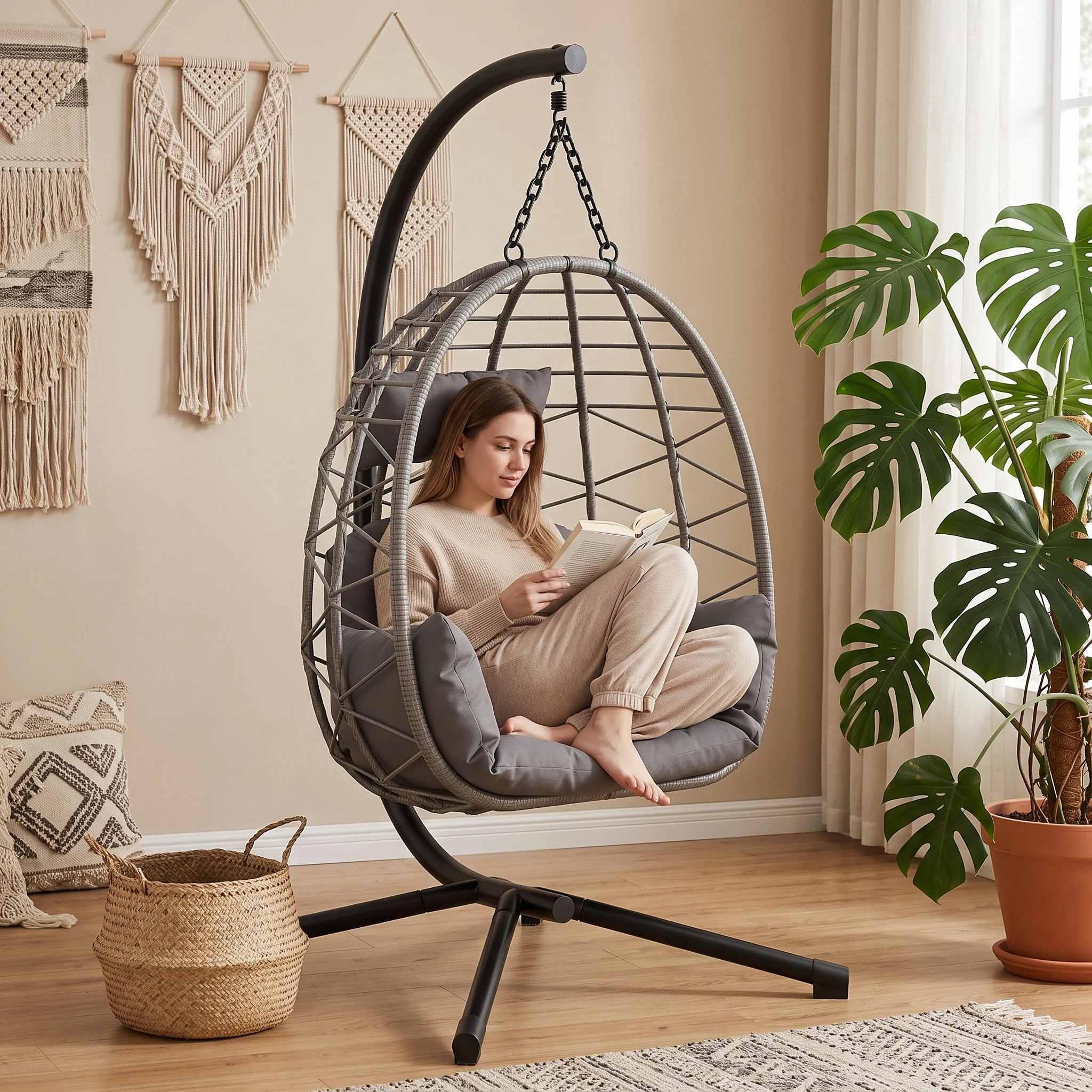 Sedia a dondolo in rattan con supporto, capacità di 150 kg, struttura in acciaio robusta, altezza regolabile, cuscino impermeabile e lavabile, poggiatesta e copertura inclusi, ideale per interni,