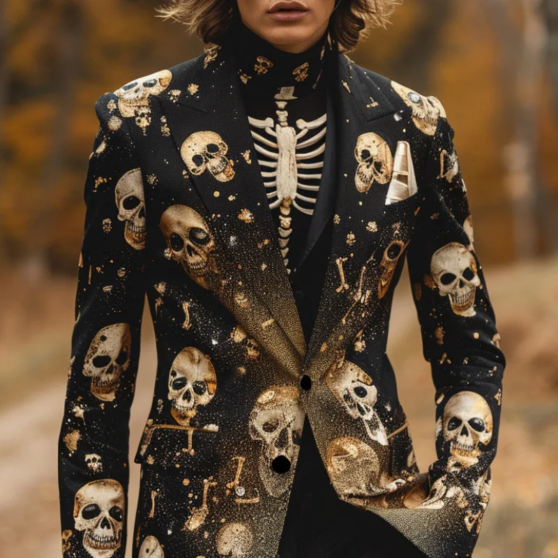 

Mens 2 Piece Suit Skeleto Ghost pumpkin Print Coat Top Two Buttons Casual Halloween Costume Slim Fit Suit No Slit No Tie