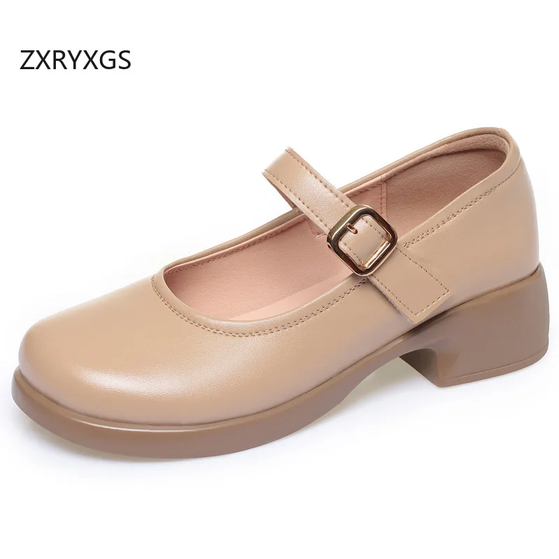 ZXRYXGS Hot Selling 2026 New Autumn Genuine Leather Round Toe Comfortable Mom Mid Heels Large Size Women Elegant Trendy Shoes
