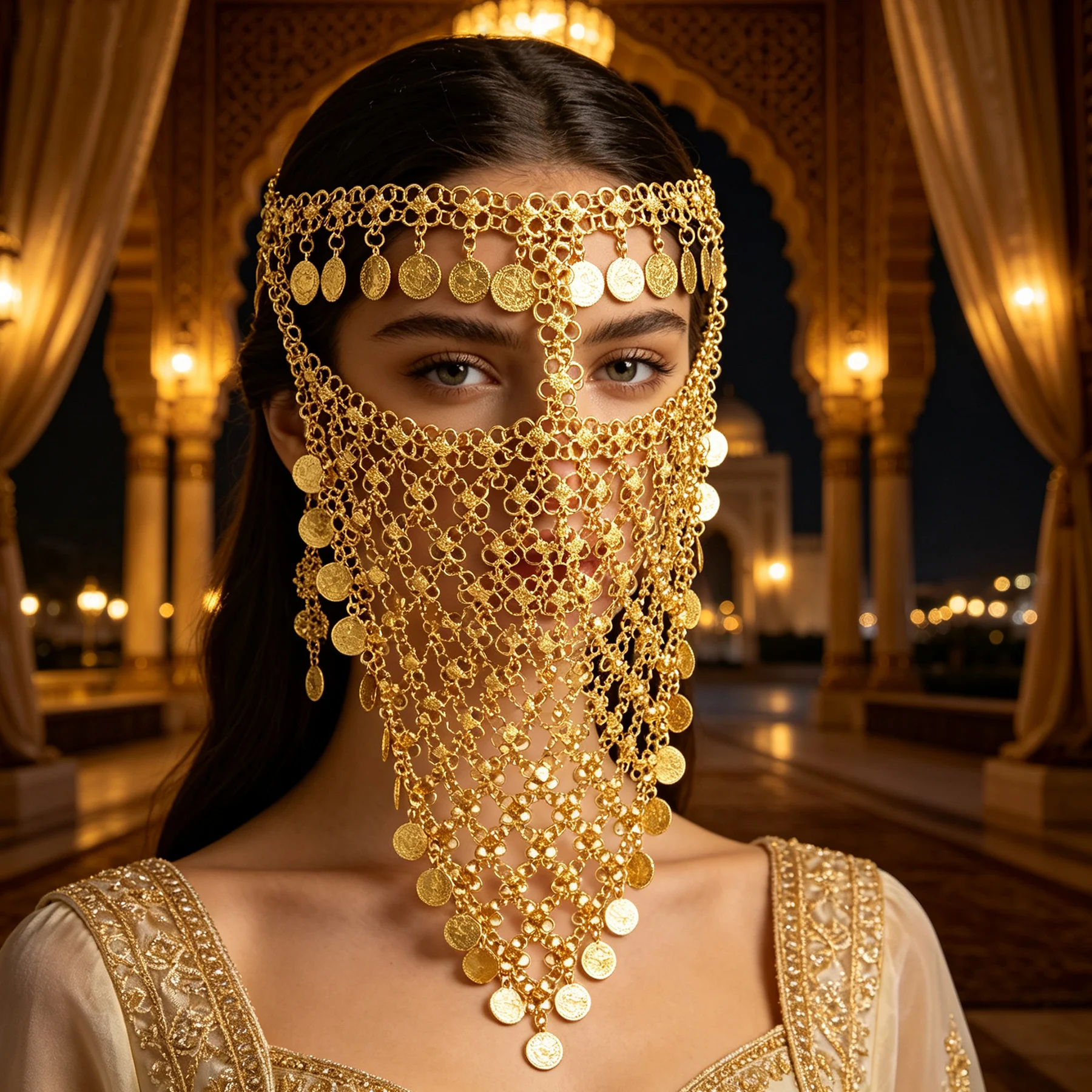 Gold Plated Alloy Carved Coins Chain Bells Tassels Veil Facial Jewelry For Women Party Mysterious Performance Dance Accessories