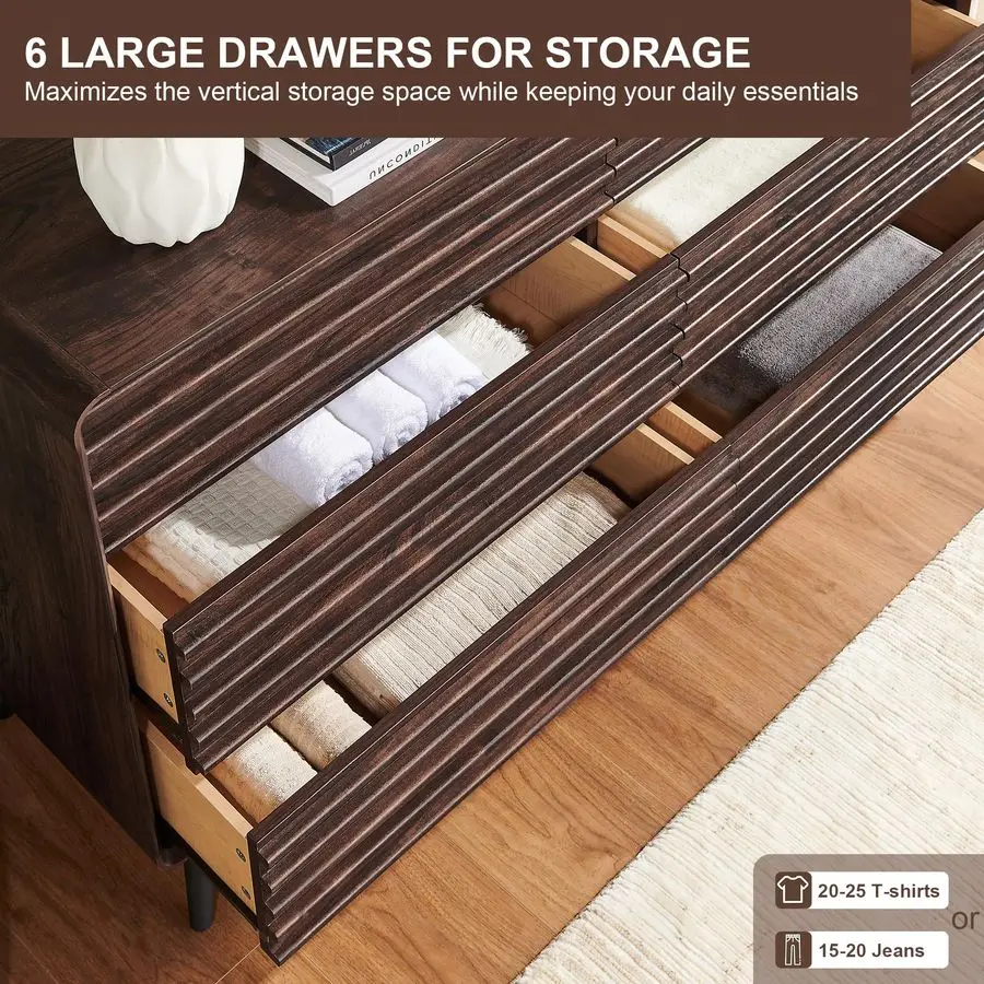 Cômoda de 6 gavetas para quarto, cômoda dupla canelada de madeira moderna de meados do século de 54 largura, cômoda com perna cônica para cama