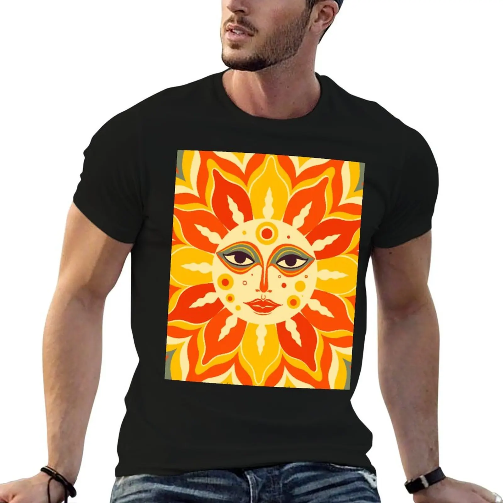 

Boho Retro Sun God Vintage 70s T-Shirt t shirt man plain t shirts for man pack cotton T-Shirt