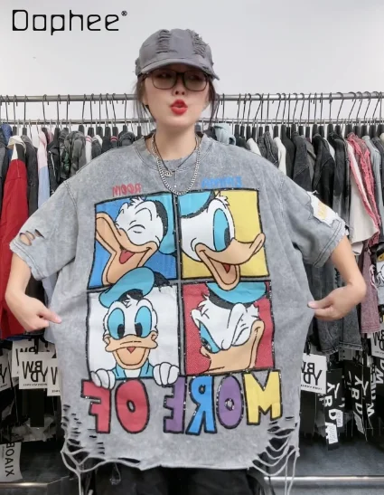 

American Style Cartoon T-Shirt for Women Autumn Short Sleeve Loose Top Vintage Print Tee Street Fashion Vintage Clothes