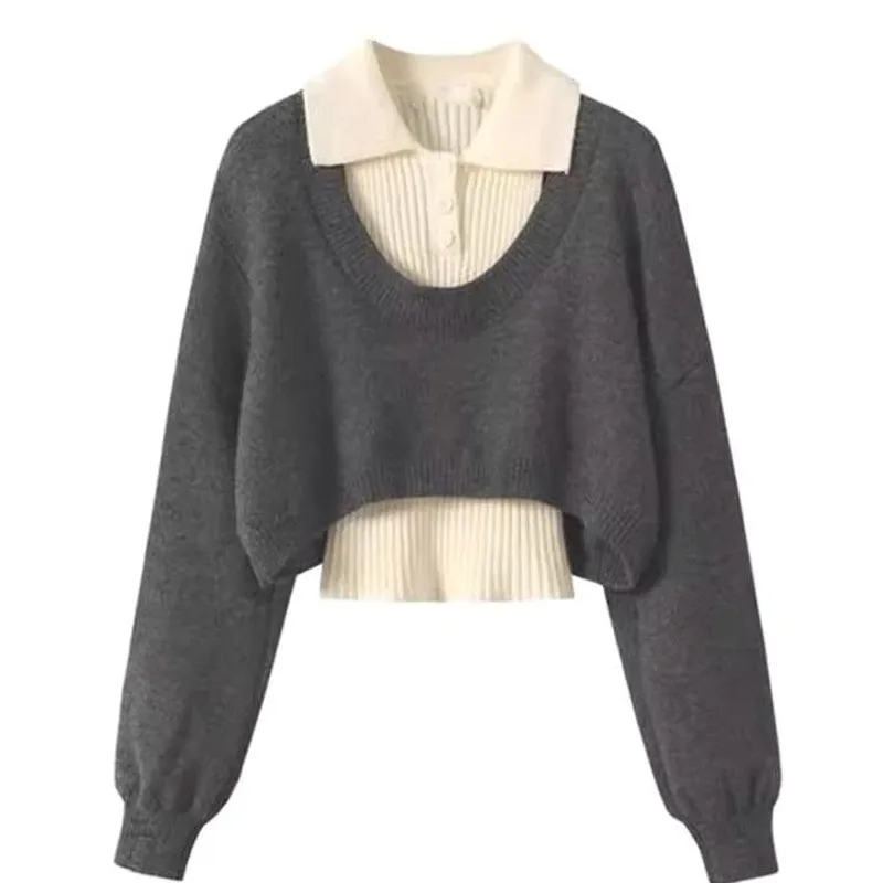 

Two Piece Set Polo Collar Knitted Sweater 2026 Spring Autumn Women Colorblock Sweater Korean Style Female Soft Casual Pullover