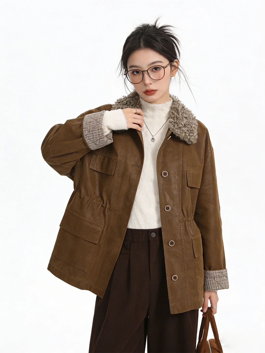 

Корейская женская зимняя куртка-косуха из искусственной кожи с воротником из искусственного меха, утепленная, винтажная, с цветовыми блоками, приталенная, длинная, S-размер