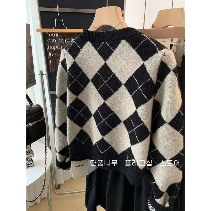 Deeptown Vintage Plaid Knit Cardigan Women Y2k Korean Fashion Autumn Old Money Short Sweater Harajuku O Neck Jumper Aesthetic