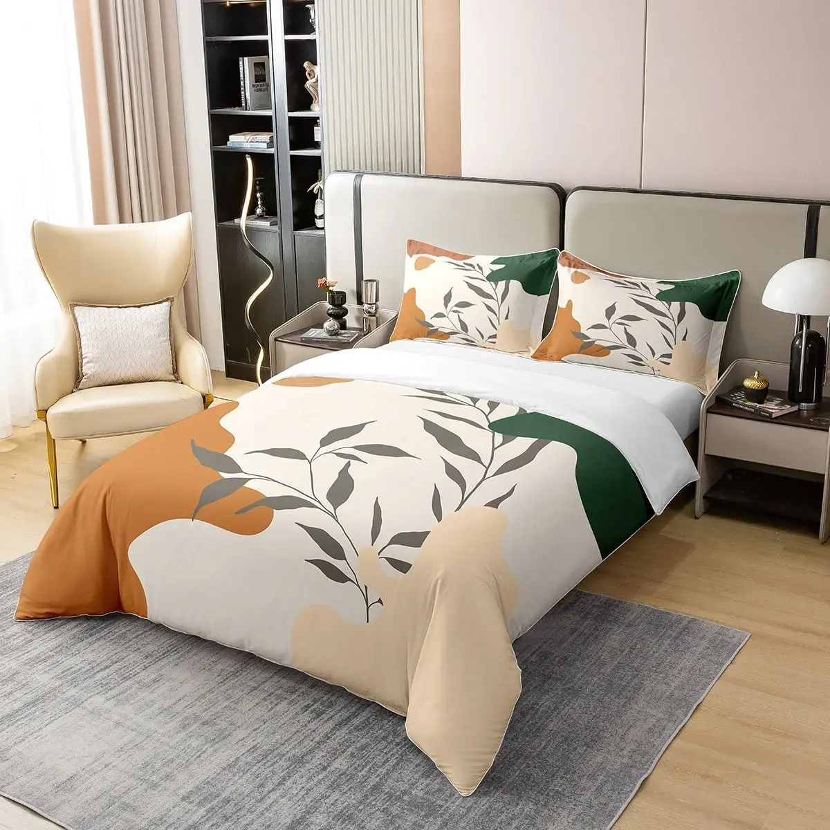 Retro Leaves Duvet Cover Set Green Orange Plant Bedding Set Abstract Modern Quilt Cover for Kids Boys Girls Super King Size