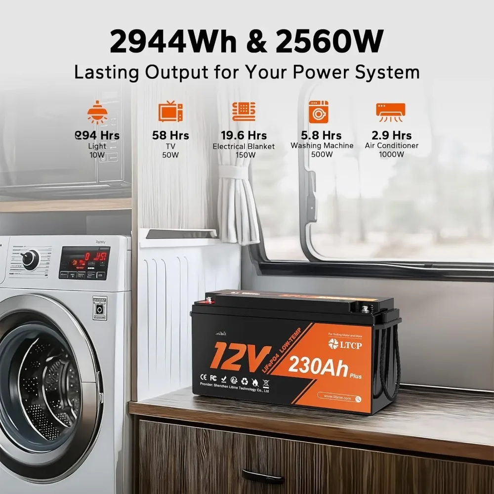 12V 230Ah Plus Low-Temp Protection LiFePO4 Battery Built-in 200A BMS, Max 2944Wh Energy, Lithium Iron Phosphate Battery
