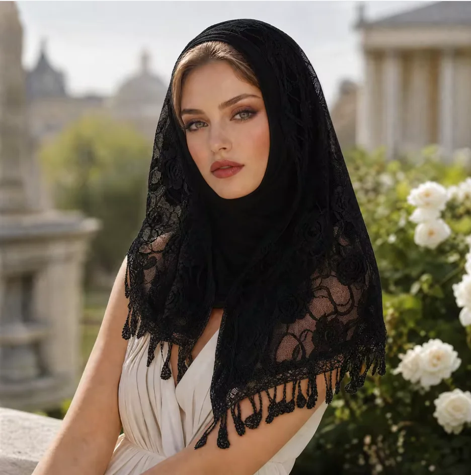 

2PCS Women Muslim Lace Hijab Instant Scarf Tassel Fringe Edge Headscarf Ethnic Shawl Bridal Wedding Veil Islamic Head Wrap Party