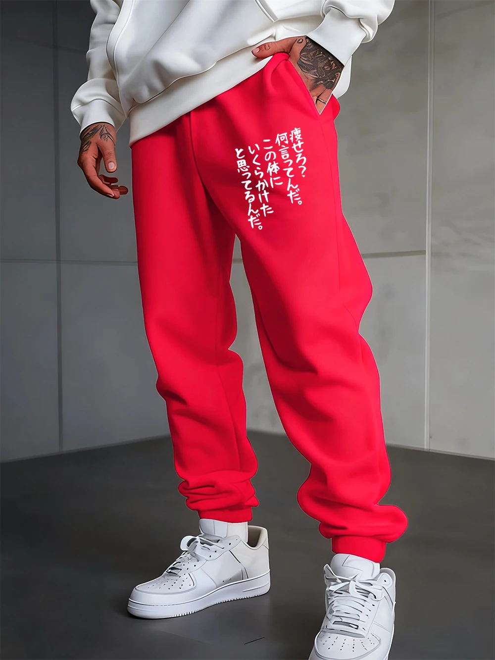 

Japanese Artistic Writing Printed Sweatpants Mens Autumn Jogger Pants Fleece Elastic Waist Pocket Trousers Basics Warm Clothes