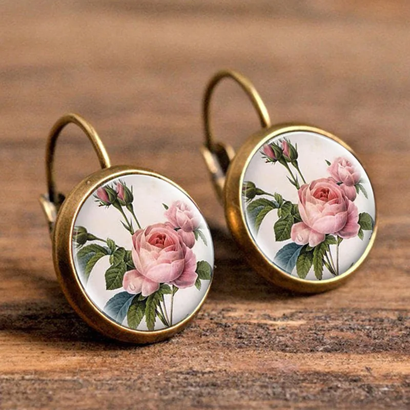 Vintage Flower Cluster Earrings Retro Round Antique Bronze Glass Dome Earrings For Women Jewelry