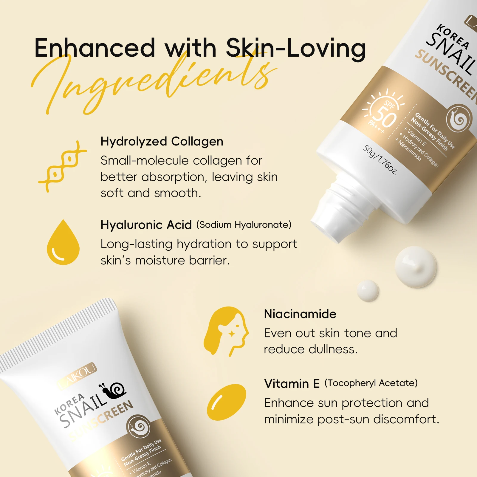 LAIKOU Snail Sunscreen SPF50 PA+++ Moisturizing Age Defense Korean Beauty Product 50g