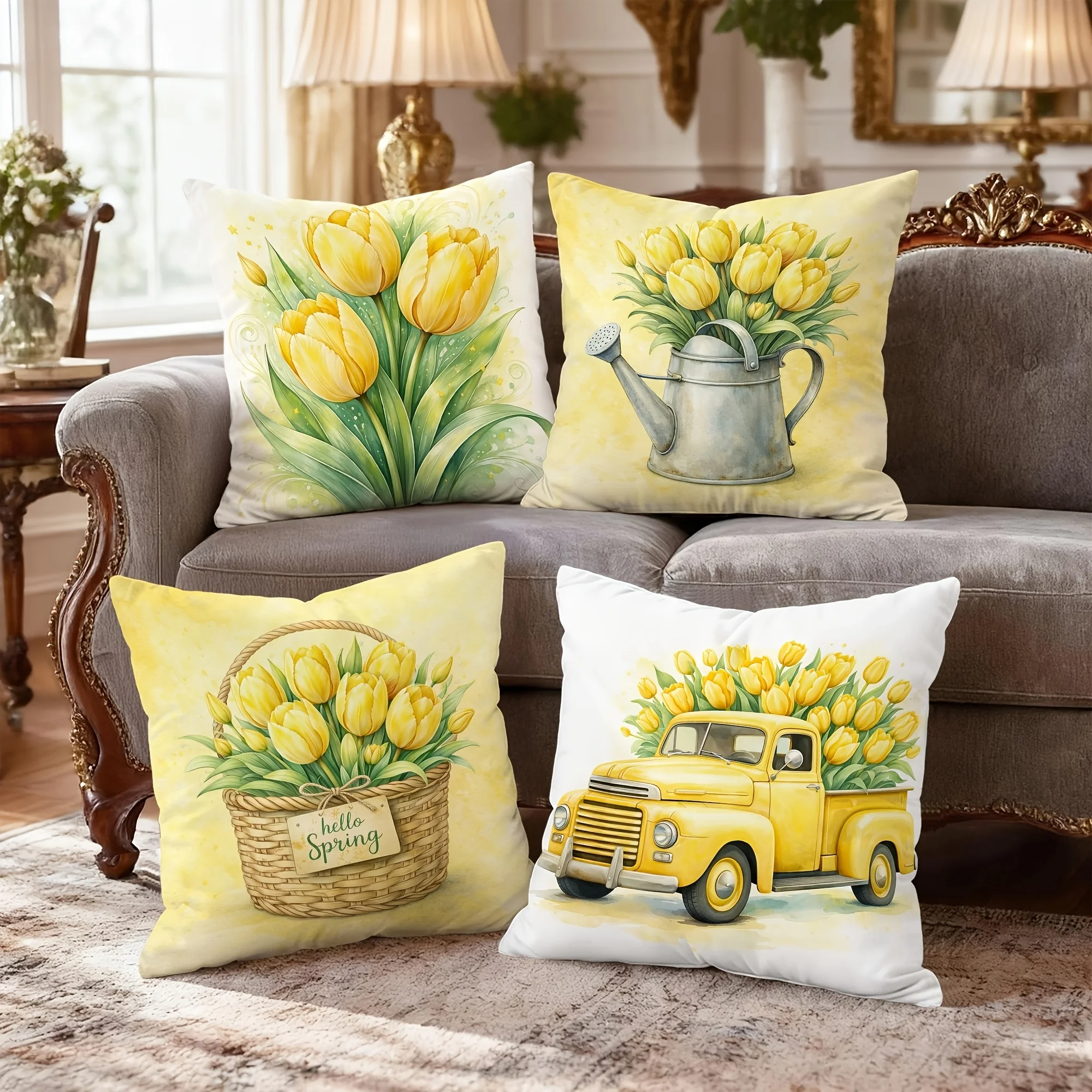 4Pcs Yellow Tulip Pillow Covers 40x40cm Double-sided Printed Flower Truck Cushion Cases Spring Home Decor No Insert