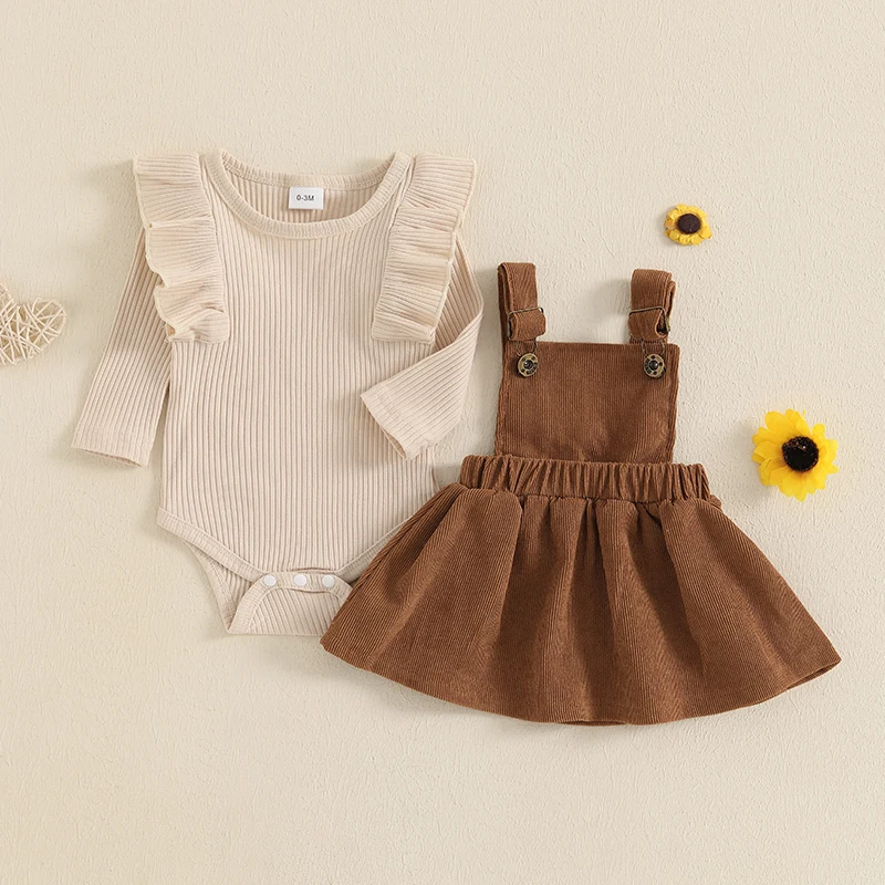 Infant Baby Girl Clothes Ruffles Ribbed Romper Long Sleeve Corduroy Suspender Skirt Dress Fall Winter Outfits