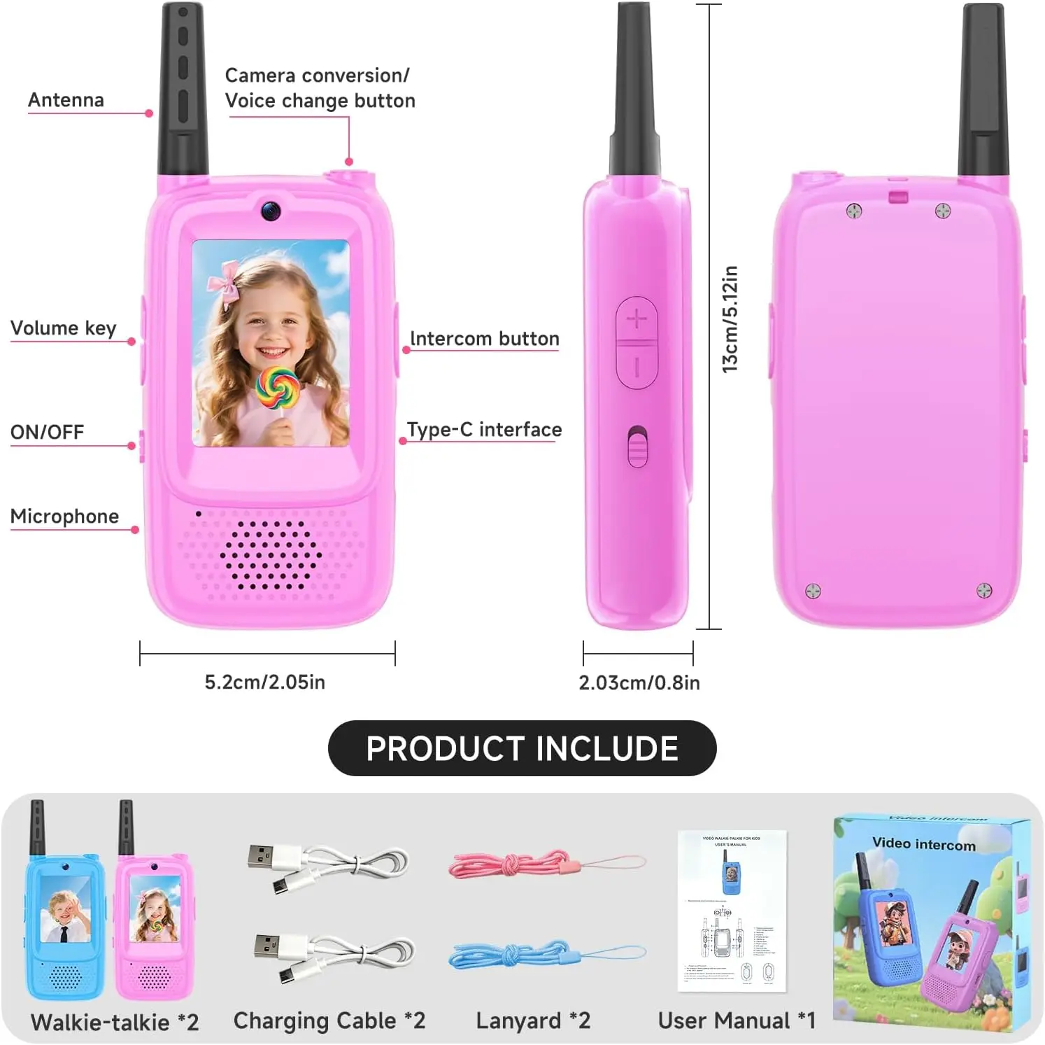 Set di walkie-talkie video per bambini, giocattolo interfono ricaricabile con telecamera HD, cambio vocale per regalo per bambini da viaggio in campeggio interno